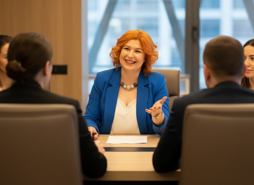 Raluca Păduraru in conversation with a leadership team during an AI strategy session