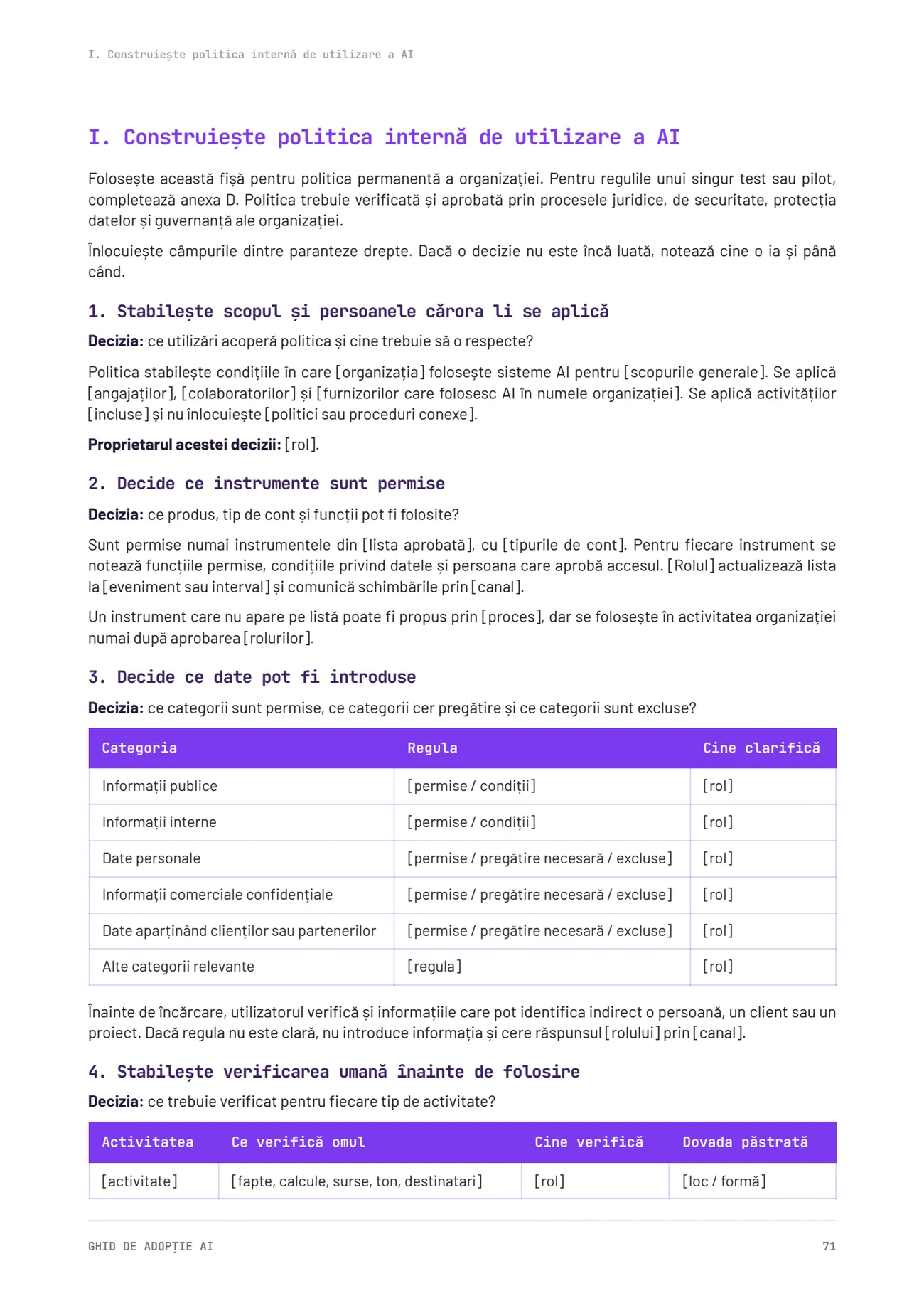 Fișa I din ghid: construiește politica internă de utilizare a AI