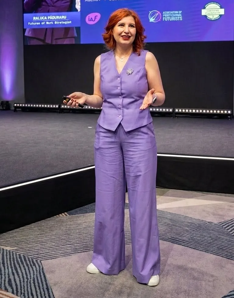 Raluca Păduraru pe scena unei conferințe, în costum lavandă