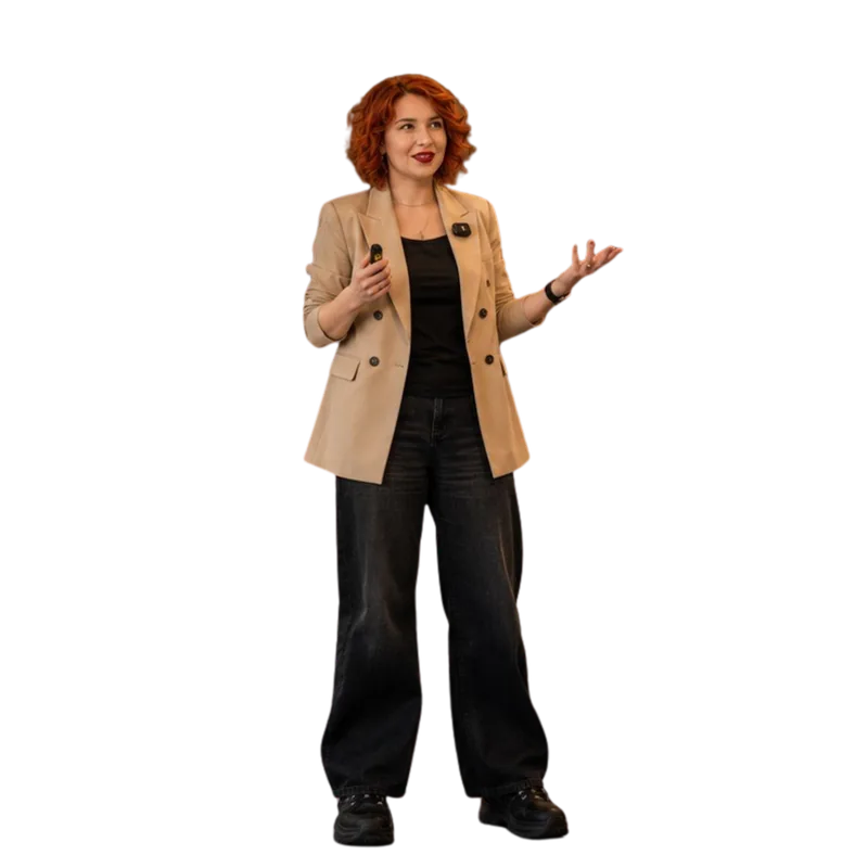 Raluca Păduraru, trainer de AI fluency și facilitator, susținând o prezentare despre inteligență artificială și viitorul muncii
